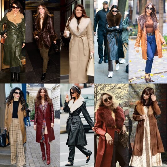 VINTAGE LUXE Arden B Leather Fur Collar Belted Trench - Picture 12 of 12